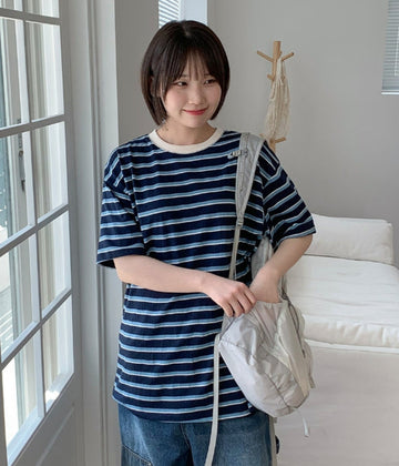 Velny Color Matching Stripe Short Sleeve Tee